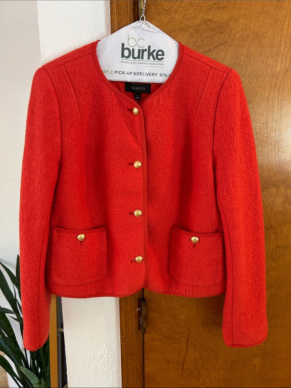 Talbots Orange/ Red Wool Blend Gold-Buttoned Lady Jacket, 8